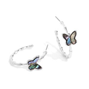 Silver Butterfly Abalone Hoop Earrings